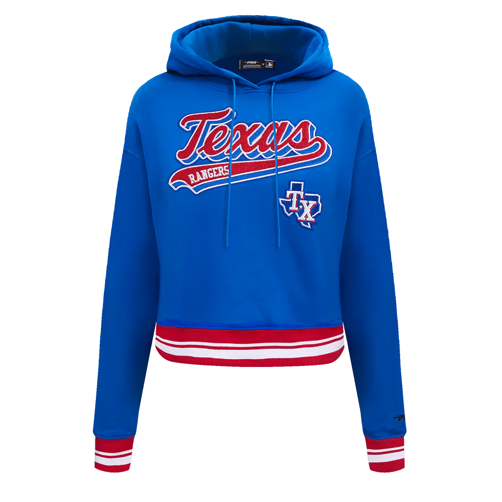 MLB TEXAS RANGERS SCRIPT TAIL WOMEN'S RIB FLEECE CROPPED PULLOVER HOODIE (ROYAL BLUE/RED)