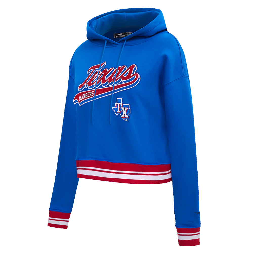 MLB TEXAS RANGERS SCRIPT TAIL WOMEN'S RIB FLEECE CROPPED PULLOVER HOODIE (ROYAL BLUE/RED) - Image 2