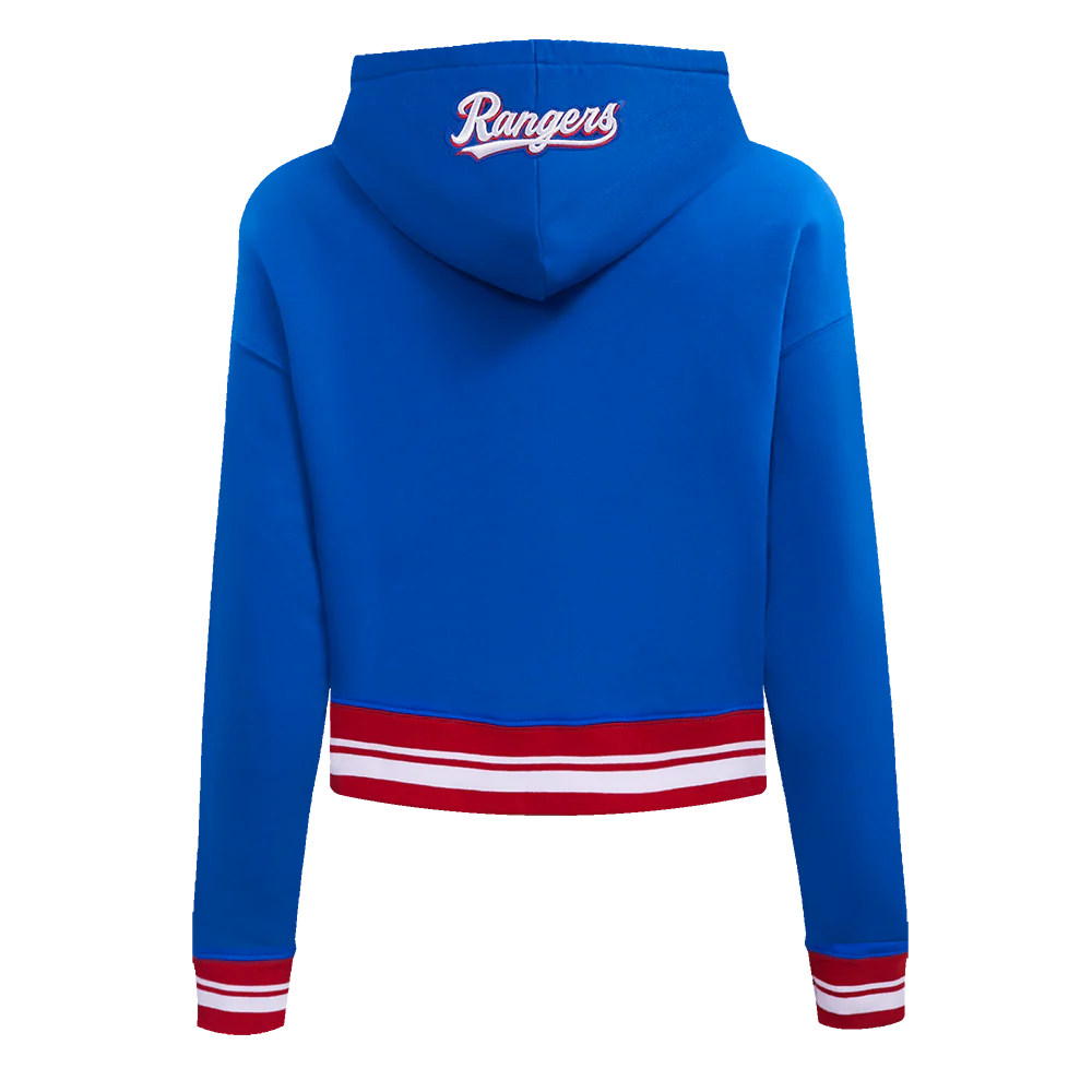 MLB TEXAS RANGERS SCRIPT TAIL WOMEN'S RIB FLEECE CROPPED PULLOVER HOODIE (ROYAL BLUE/RED) - Image 3