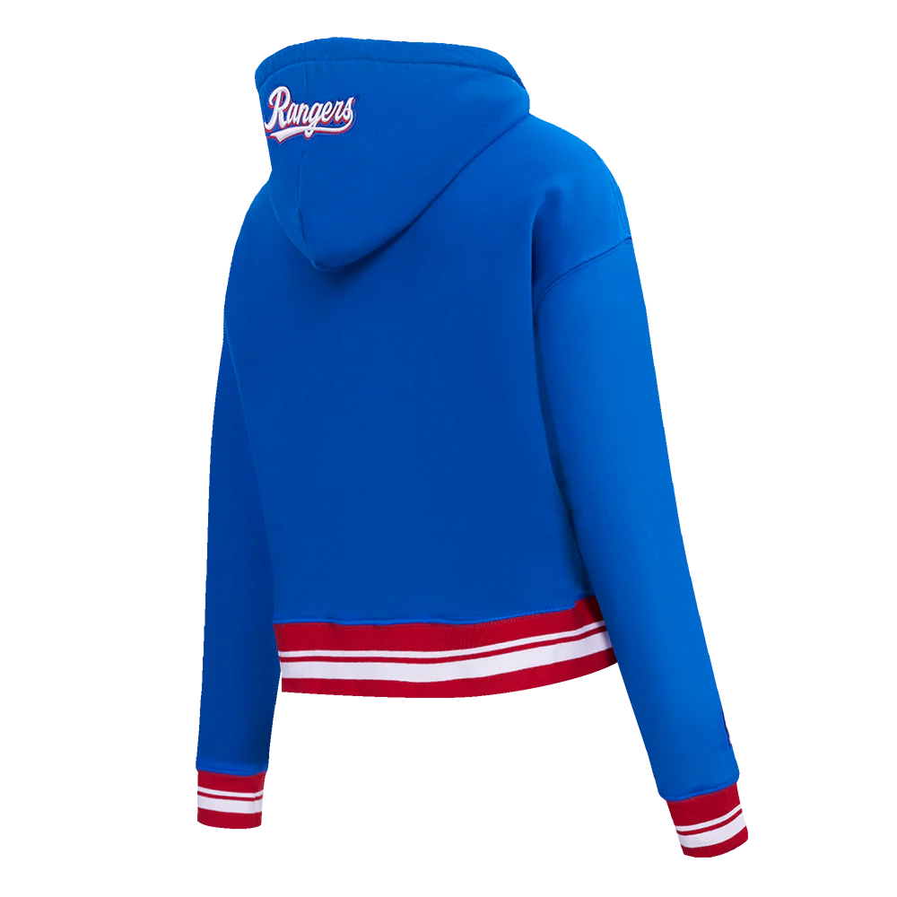 MLB TEXAS RANGERS SCRIPT TAIL WOMEN'S RIB FLEECE CROPPED PULLOVER HOODIE (ROYAL BLUE/RED) - Image 4