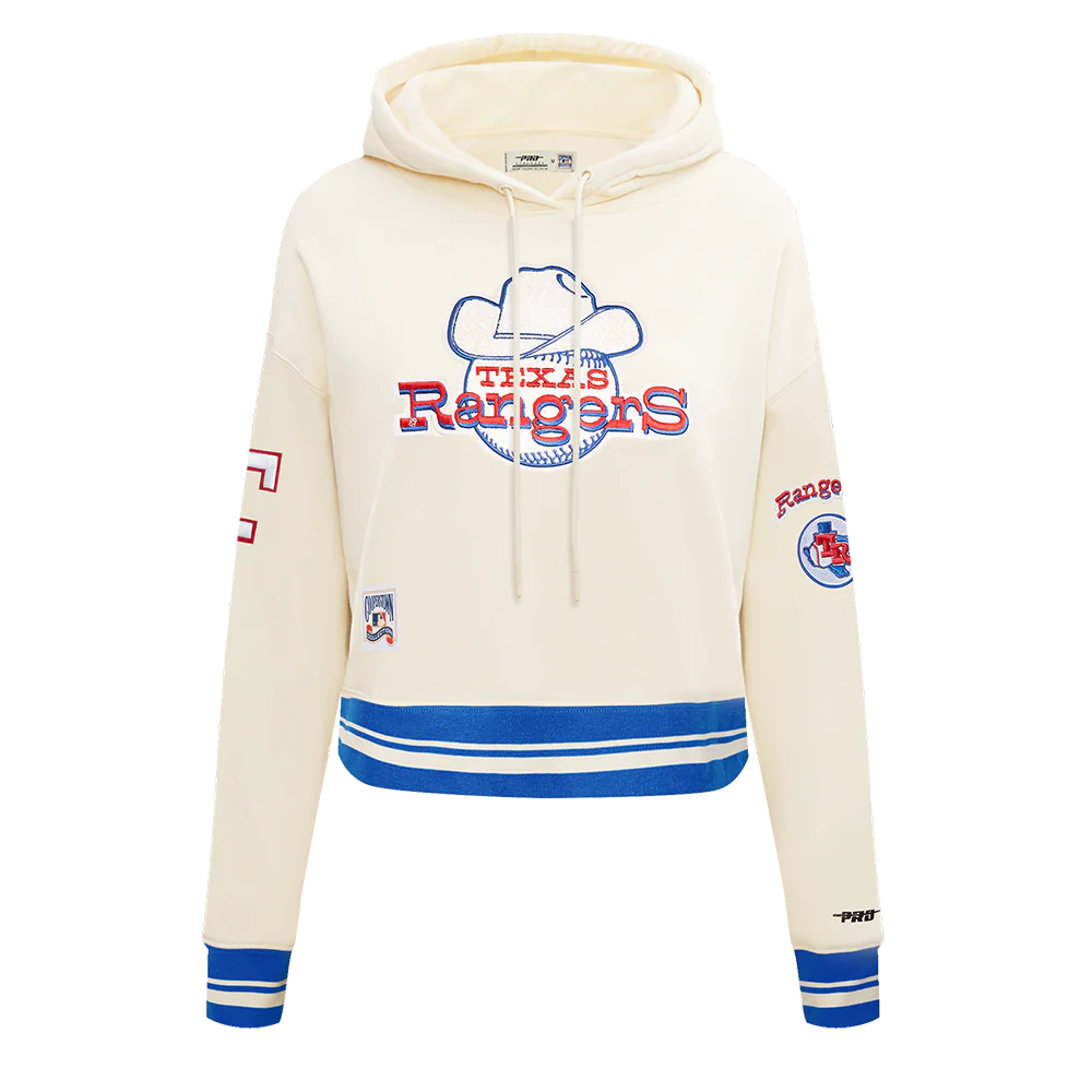 MLB TEXAS RANGERS RETRO CLASSIC WOMEN'S RIB CROPPED PULLOVER HOODIE (EGGSHELL/ROYAL BLUE)