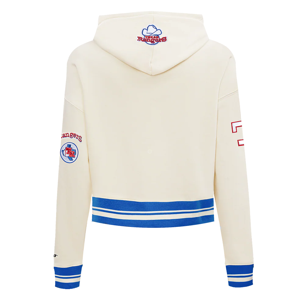 MLB TEXAS RANGERS RETRO CLASSIC WOMEN'S RIB CROPPED PULLOVER HOODIE (EGGSHELL/ROYAL BLUE) - Image 3