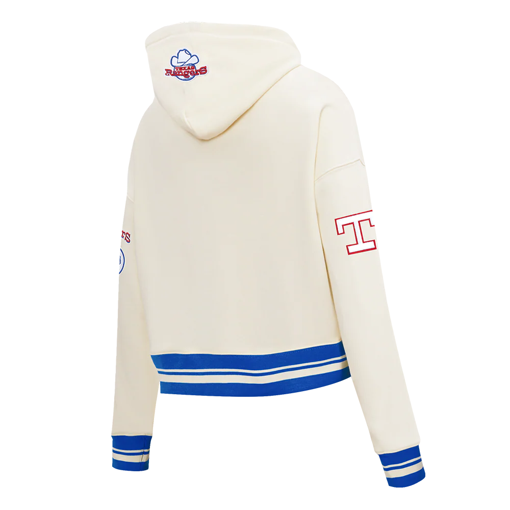 MLB TEXAS RANGERS RETRO CLASSIC WOMEN'S RIB CROPPED PULLOVER HOODIE (EGGSHELL/ROYAL BLUE) - Image 4