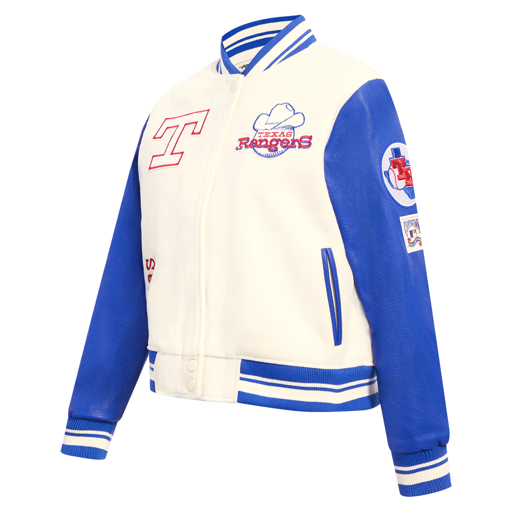 MLB TEXAS RANGERS RETRO CLASSIC WOMEN'S RIB WOOL VARSITY JACKET (EGGSHELL/ROYAL BLUE) - Image 2