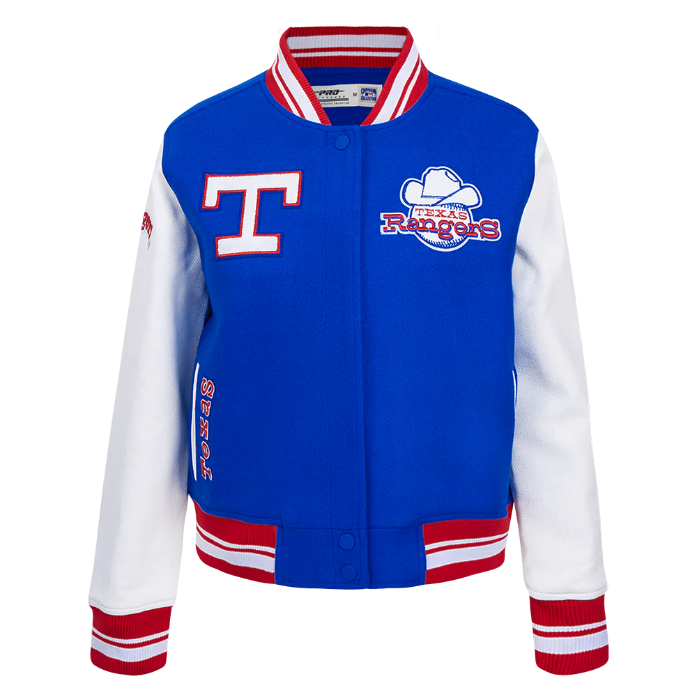 MLB TEXAS RANGERS RETRO CLASSIC WOMEN'S RIB WOOL VARSITY JACKET (ROYAL BLUE/RED)