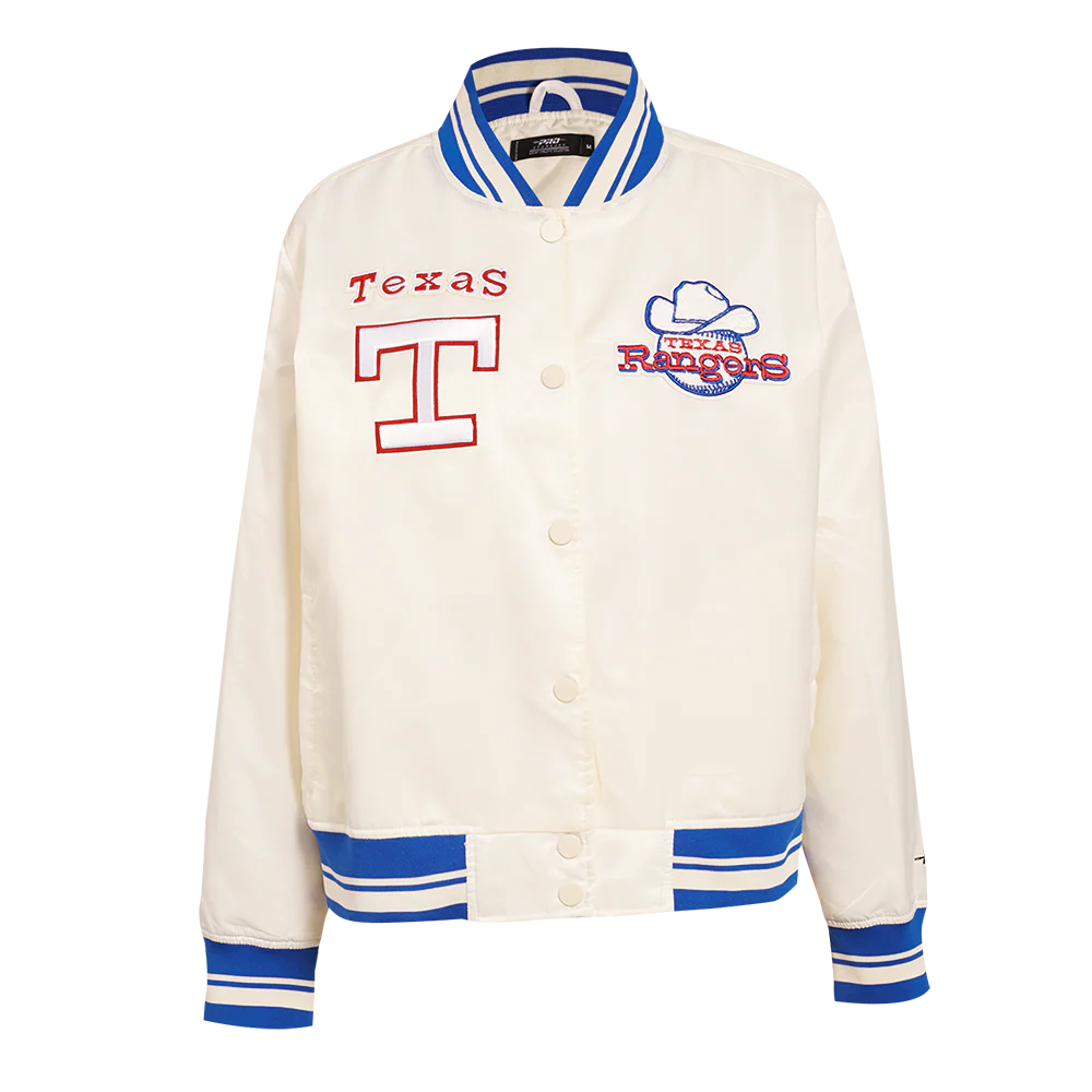 MLB TEXAS RANGERS RETRO CLASSIC WOMEN'S RIB SATIN JACKET (EGGSHELL/ROYAL BLUE)