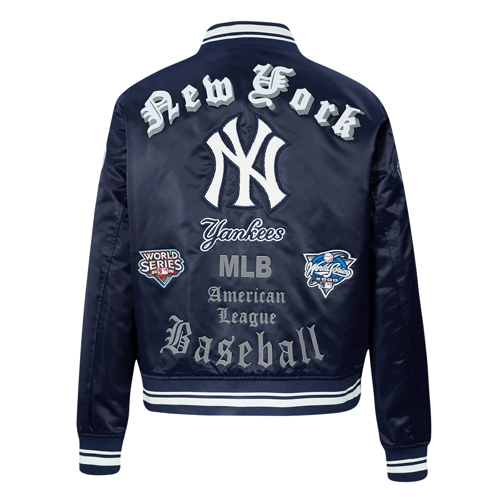 MLB NEW YORK YANKEES OLD ENGLISH WOMEN'S RIB SATIN JACKET (MIDNIGHT NAVY) - Image 3