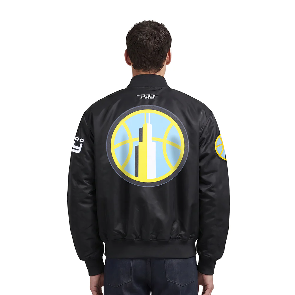 WNBA CHICAGO SKY CLASSIC CHENILLE MEN'S SATIN JACKET (BLACK) - Image 2
