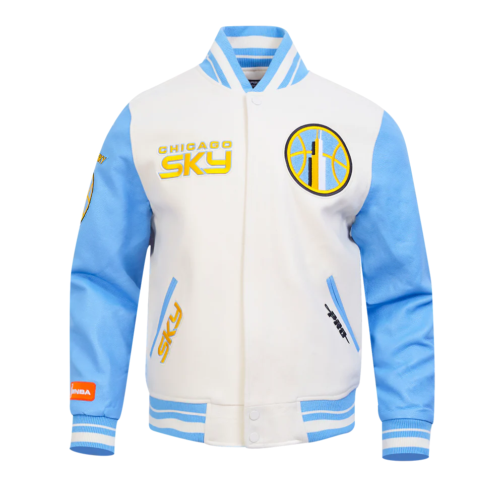 WNBA CHICAGO SKY RETRO CLASSICS MEN'S RIB WOOL VARSITY JACKET (EGGSHELL/ UNIVERSITY BLUE)