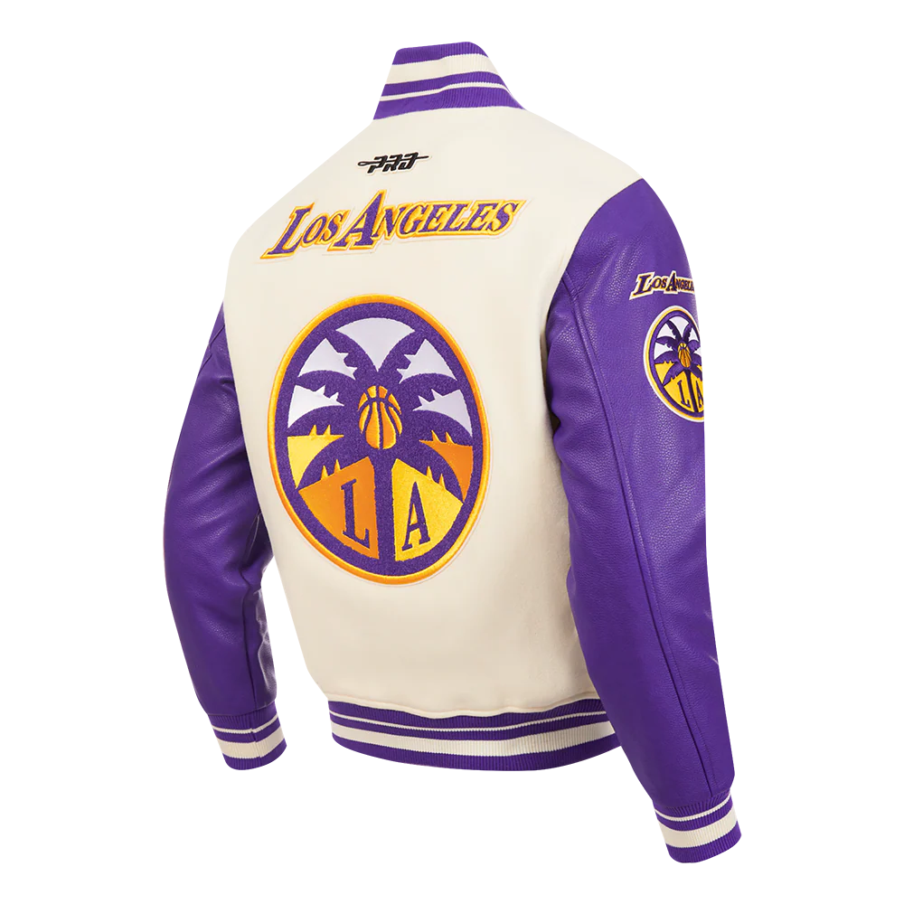 WNBA LOS ANGELES SPARKS RETRO CLASSICS MEN'S RIB WOOL VARSITY JACKET (EGGSHELL/ PURPLE) - Image 4