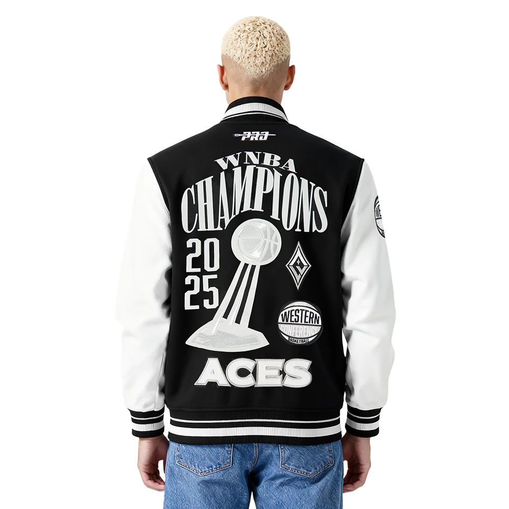 LAS VEGAS ACES WNBA FINALS 2025 MEN'S RIB WOOL VARSITY JACKET (BLACK/WHITE) - Image 2