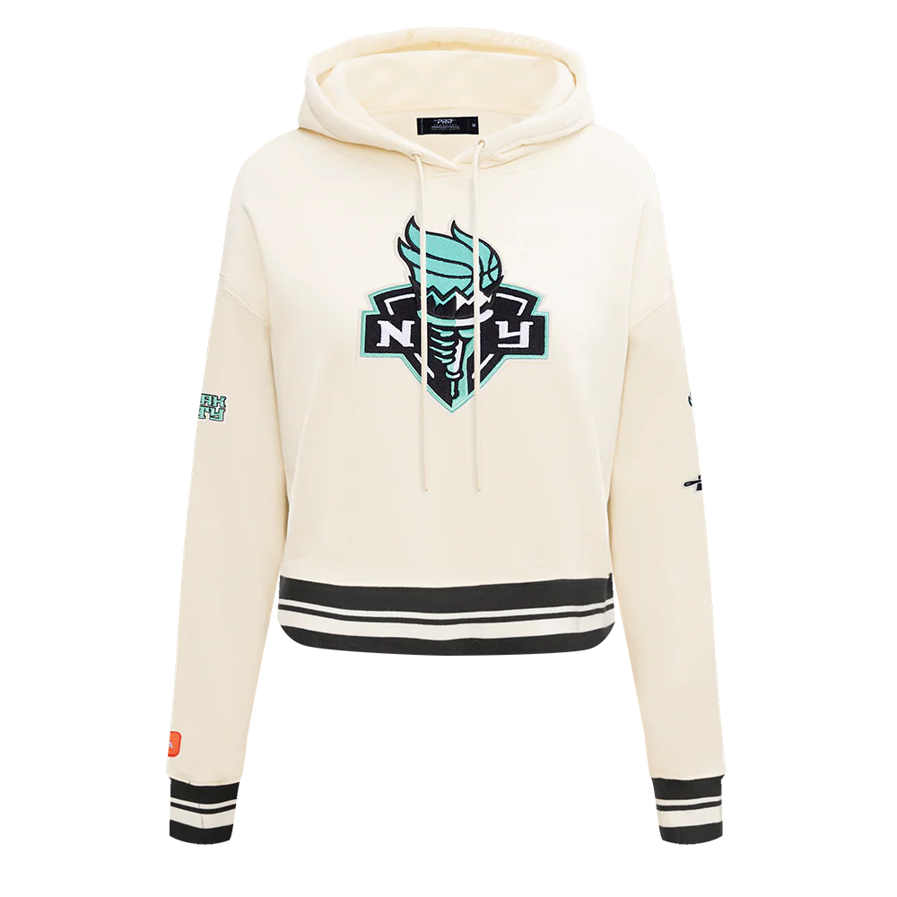 WNBA NEW YORK LIBERTY RETRO CLASSICS WOMEN'S RIB FLEECE CROPPED PULLOVER HOODIE (EGGSHELL/ BLACK)