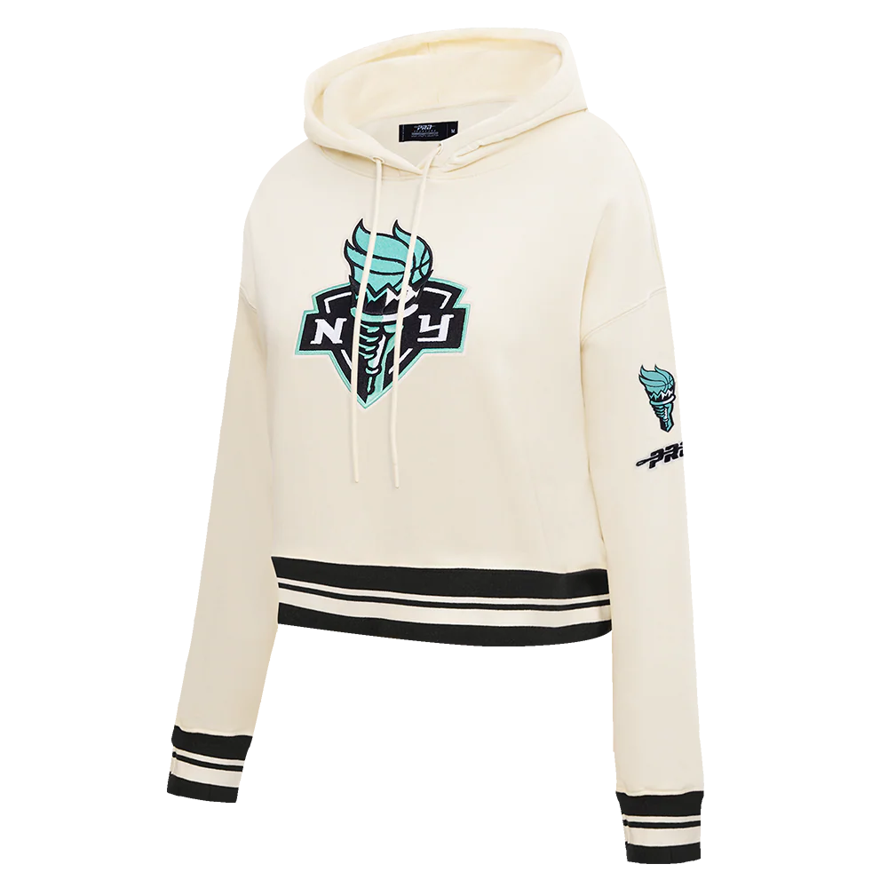 WNBA NEW YORK LIBERTY RETRO CLASSICS WOMEN'S RIB FLEECE CROPPED PULLOVER HOODIE (EGGSHELL/ BLACK) - Image 2