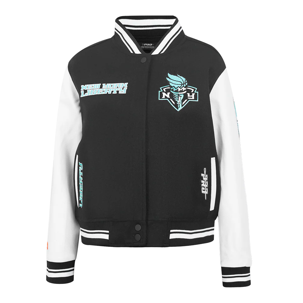WNBA  NEW YORK LIBERTY RETRO CLASSICS WOMEN'S RIB WOOL VARSITY JACKET (BLACK/WHITE)