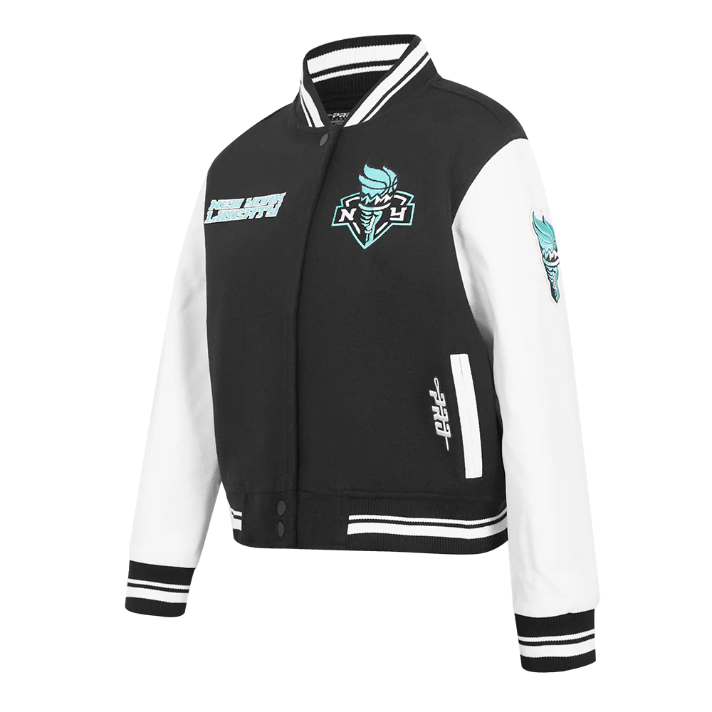 WNBA  NEW YORK LIBERTY RETRO CLASSICS WOMEN'S RIB WOOL VARSITY JACKET (BLACK/WHITE) - Image 2