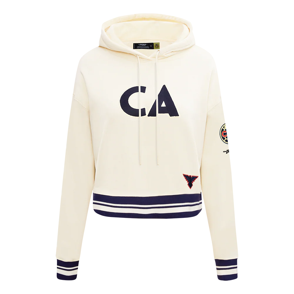 LIGA MX CLUB AMERICA PREMIUM WOMEN'S RIB FLEECE CROPPED PULLOVER HOODIE (EGGSHELL/ MIDNIGHT NAVY)